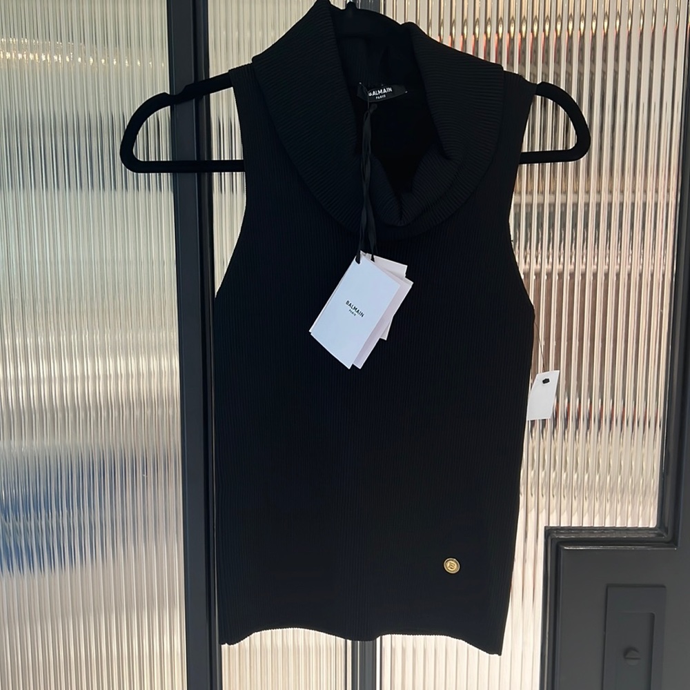 Balmain black tight knit top
